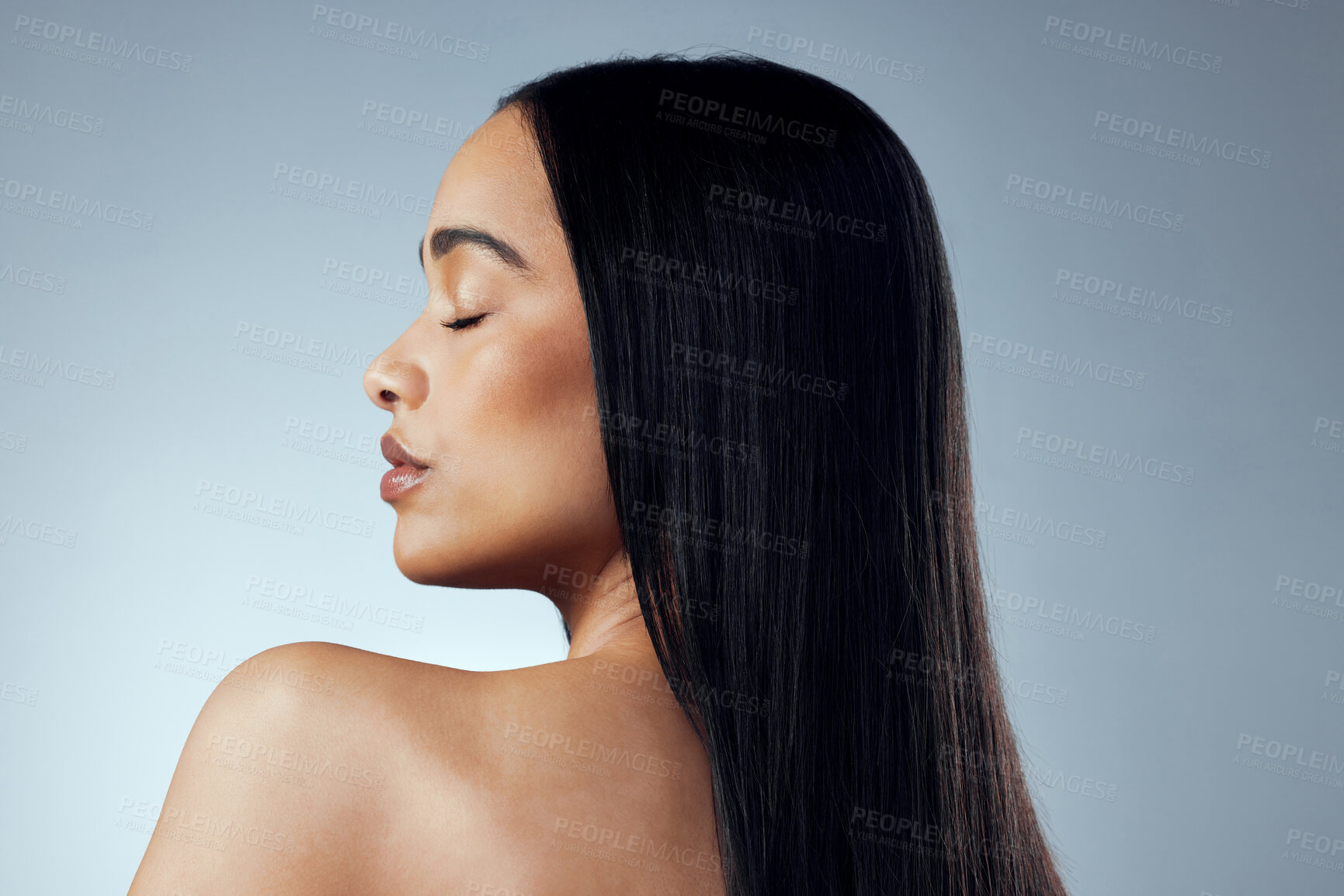 Buy stock photo Haircare, woman and back for keratin treatment, growth and wellness isolated in studio. Female person or model and beauty with natural shine or glow from cosmetics or shampoo on gray background   