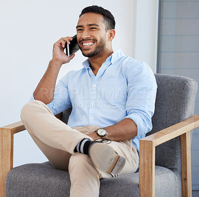 Buy stock photo Young businessman, phone call and happiness in home office for chat, networking and stock market research. Financial advisor, connecting and mobile for client, investments and personal agenda