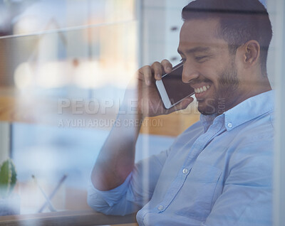 Buy stock photo Phone call, window and businessman in office for communication with contact us for law. Smile, technology and professional male attorney on mobile discussion with cellphone in workplace for case.