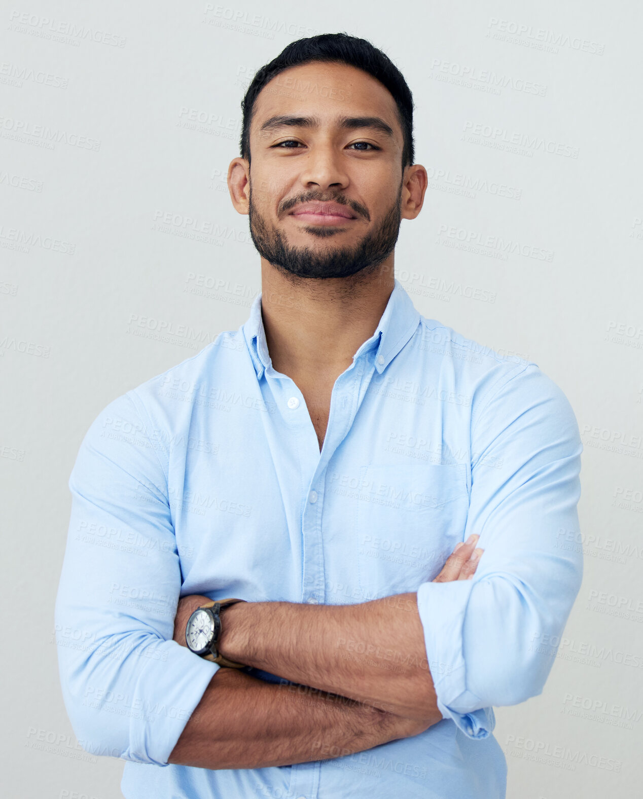 Buy stock photo Accountant, portrait and business man with arms crossed in studio isolated on white background. Face, confidence and Asian male professional, entrepreneur or auditor from Singapore with career pride.