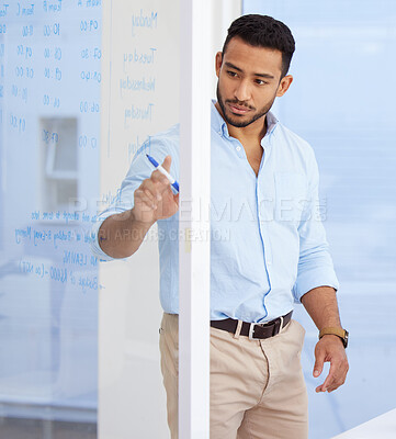 Buy stock photo Businessman, planning and writing on glass in office for work schedule, target deadline and presentation. Employee, notes and drawing on wall in workplace with comments for meeting and proposal idea