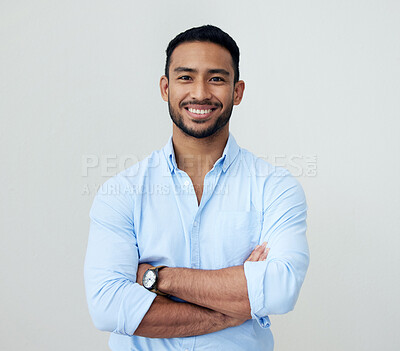 Buy stock photo Economist, portrait and business man with arms crossed in studio isolated on a white background. Face, confidence and happy Asian male professional, entrepreneur or analyst from Singapore with mockup