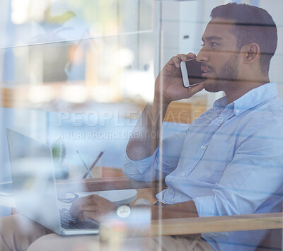 Buy stock photo Phone call, window and businessman in office for networking with contact us for law. Communication, technology and professional male attorney on mobile discussion with cellphone in workplace for case