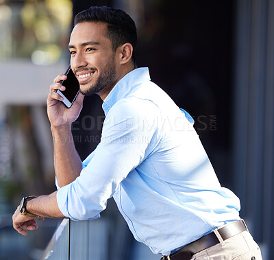 Buy stock photo Phone call, balcony and businessman in office for communication with contact us for law. Smile, technology and professional male attorney on mobile discussion with cellphone in workplace for case.