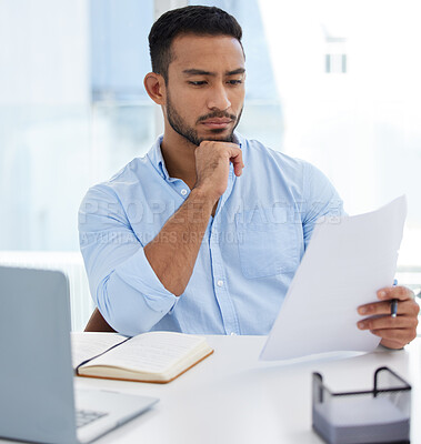 Buy stock photo Reading, documents and business man thinking, problem solving or looking for solution in office workplace. Computer, paperwork and serious male professional read report, planning or focus on contract