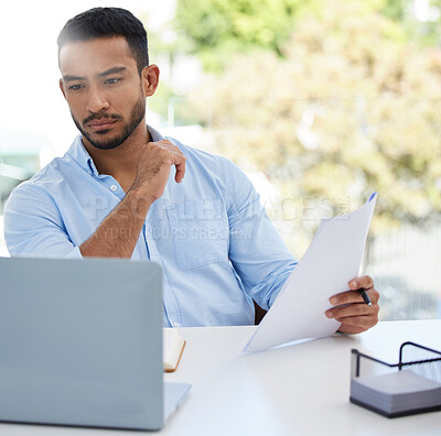 Buy stock photo Paperwork, laptop and business man analyst working on project in office workplace. Computer, documents and serious male professional analyze report for finance, planning  strategy or reading email.