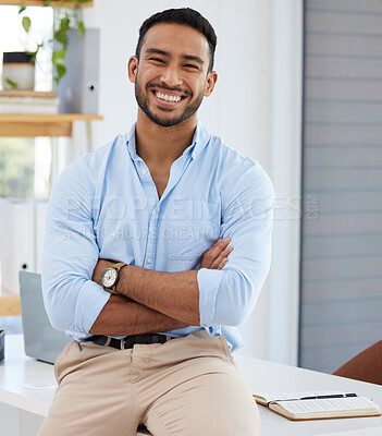 Buy stock photo Portrait, writer and business man with arms crossed in office, workplace or company. Face, confidence and happy Asian male professional, entrepreneur or copywriter from Singapore with success mindset