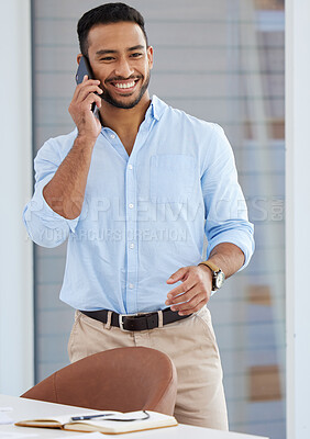 Buy stock photo Phone call, smile and businessman in office for communication with contact us for law. Happy, technology and professional male attorney on mobile discussion with cellphone in workplace for case.