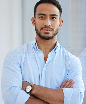 Buy stock photo Portrait, accountant and business man with arms crossed in office, workplace or company. Face, confidence and serious Asian male professional, entrepreneur or auditor from Singapore with career pride