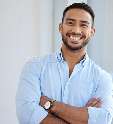Buy stock photo Auditor, portrait and business man with arms crossed in office, workplace or company. Face, confidence and happy Asian male professional, entrepreneur or accountant from Singapore with career pride.