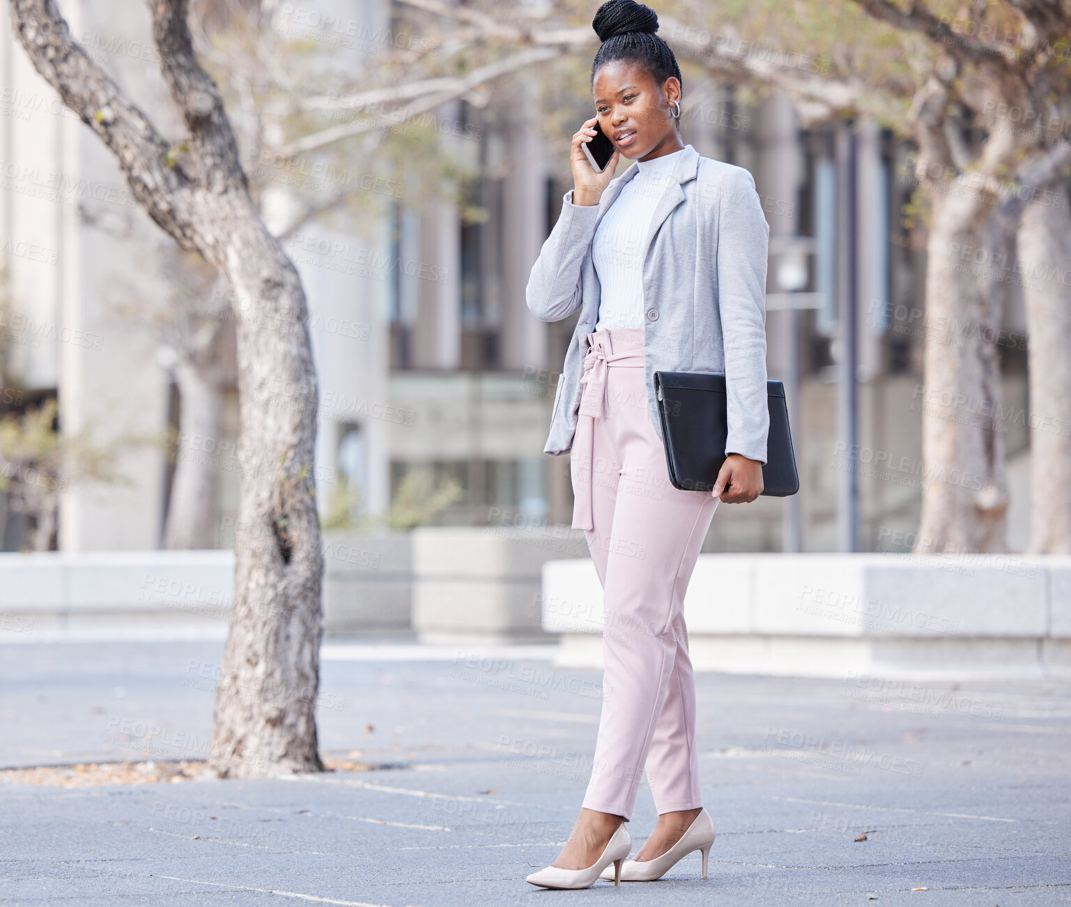 Buy stock photo Black woman, business and phone call in city travel to office for communication, contact and commute. Female person and entrepreneur walking with smartphone for network, connection and conversation 