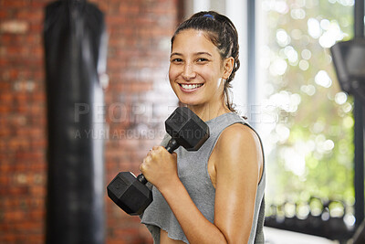 Buy stock photo Woman, workout and portrait in gym with dumbbell, exercise and body health for athlete and empowerment. Happy, power and sport training for wellness, strength and smile in fitness club for confidence