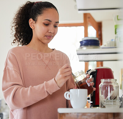 Buy stock photo Honey, morning or woman with tea in kitchen for energy, wellness or break to start day in home or house. Begin, sweet or girl with mug on counter to prepare coffee, beverage or drink in apartment