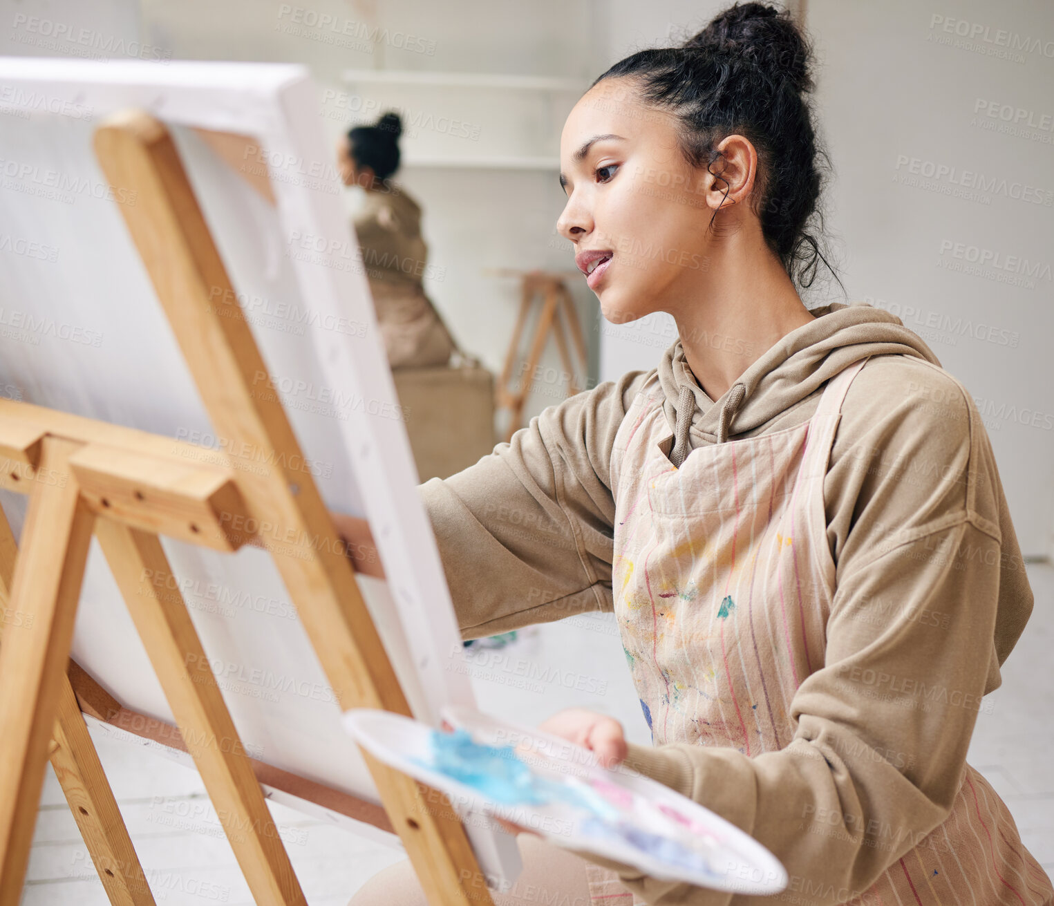 Buy stock photo Art, canvas and palette with painter woman in studio for creative, expression or leisure hobby. Inspiration, passion and paintbrush with artist painting in workshop to relax for stress relief