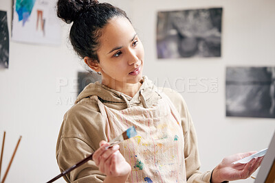 Buy stock photo Thinking, woman and artist with paintbrush for art on canvas with passion or talent for design of masterpiece. Confident, painter and creative with inspiration or skill to create drawings for gallery