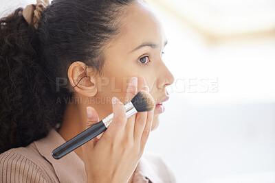 Buy stock photo Face, beauty and woman with makeup brush in home for skincare, health or treatment in bathroom. Cosmetics, product and girl with foundation, blush and apply powder for contour  in house on mockup