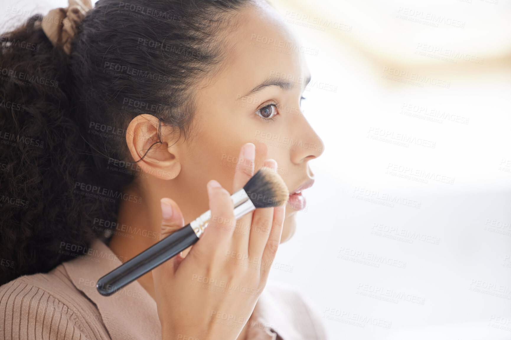 Buy stock photo Face, beauty and woman with makeup brush in home for skincare, health or treatment in bathroom. Cosmetics, product and girl with foundation, blush and apply powder for contour  in house on mockup