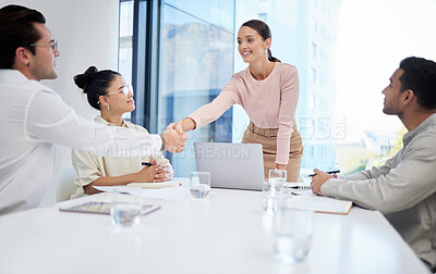 Buy stock photo Business people, smile and handshake for deal, partnership or collaboration, integration and congratulations. Shaking hands, meeting and agreement of employees, b2b or success, welcome and thank you.