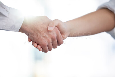 Buy stock photo Handshake, closeup or deal, partnership or collaboration for opportunity, offer or contract mockup space. Shaking hands, business people and agreement, b2b or hiring, recruitment or welcome to office