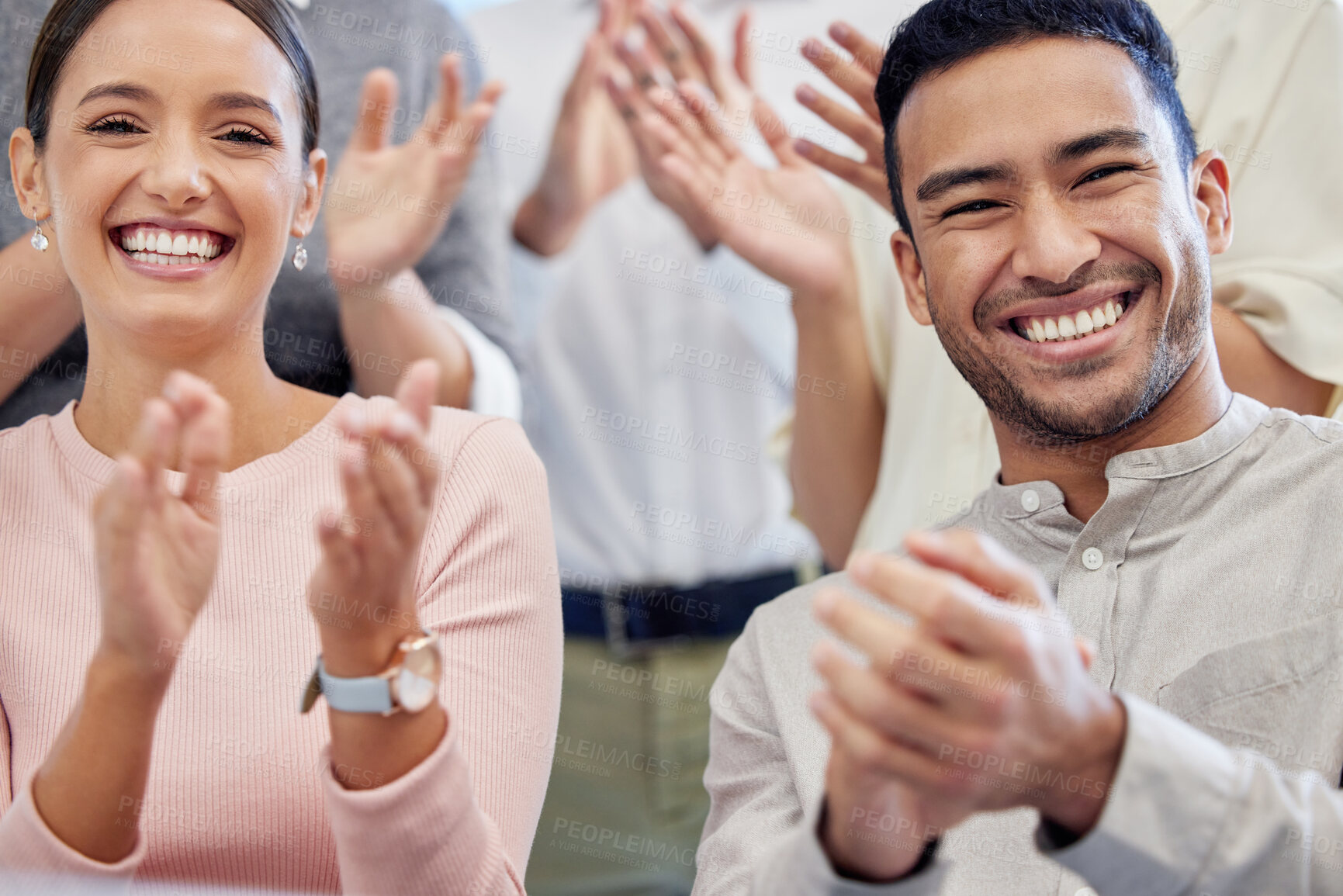 Buy stock photo Applause, group portrait and business people for success, winning and cheers, yes or celebration, congratulations and thank you. Happy face, clapping and women, man or audience celebrate and support