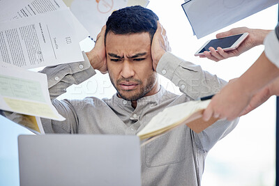 Buy stock photo Headache, stress and multitask of business man anxiety, burnout or mental health crisis, paperwork and laptop. Project problem, phone call or documents chaos of team manager, computer or people hands