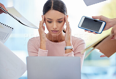 Buy stock photo Headache, stress and chaos of business woman in anxiety, burnout or mental health crisis, paperwork and laptop. Project problem, phone call or documents of team manager, multitasking and people hands