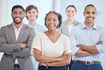 Buy stock photo Portrait, diversity and arms crossed with business people in the office, standing in unity or solidarity. Collaboration, leadership and confidence with a team of happy colleagues at work for success