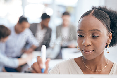 Buy stock photo Shot of a young businesswoman writing on a board in a meeting at work