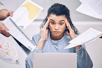 Buy stock photo Cropped shot of an attractive young businesswoman looking stressed while being presented paperwork by multiple hands