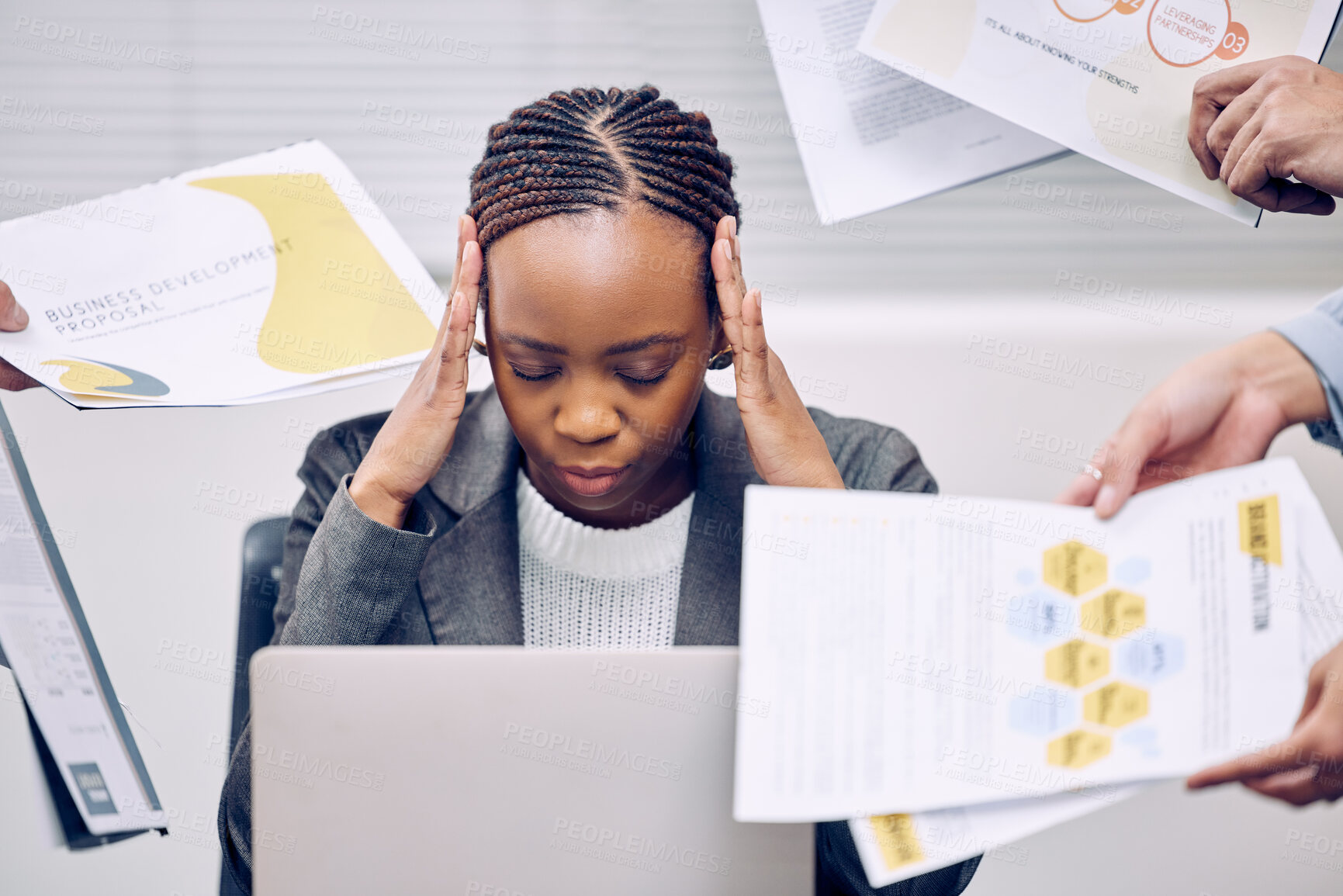 Buy stock photo Black woman, headache and stress with documents in chaos, burnout or anxiety from workload at office. Frustrated African or female person with migraine in depression from pressure or business crisis