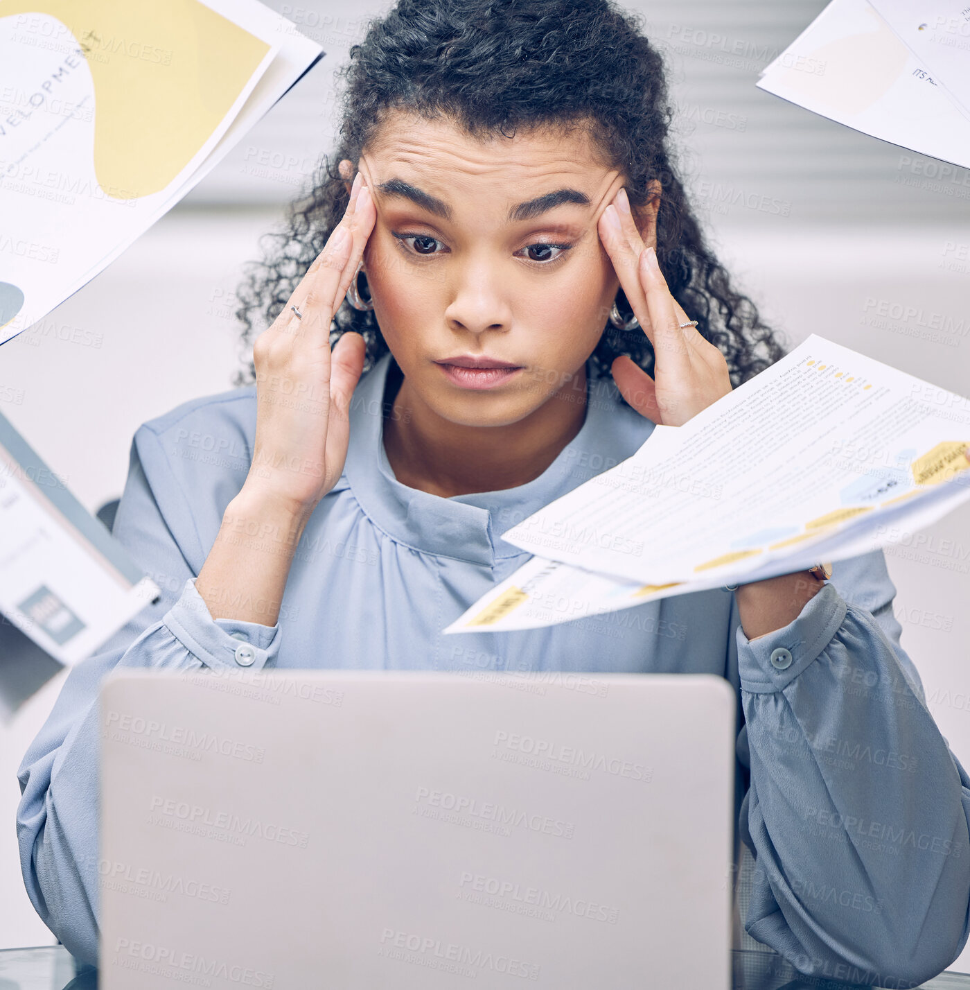 Buy stock photo Businesswoman, overwhelmed and stress by work, paperwork and documents for deadline in project management. Female person, burnout and headache in workplace with laptop for company, corporate or job