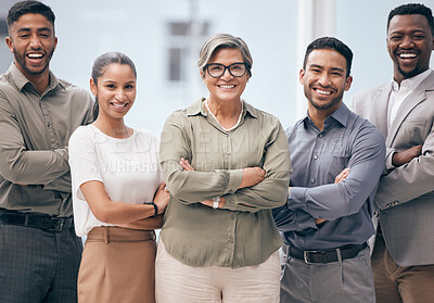 Buy stock photo Diversity, portrait of businesspeople and their arms crossed in a office at their workplace. Motivation or achievement, collaboration and happy colleagues smiling for success together at work