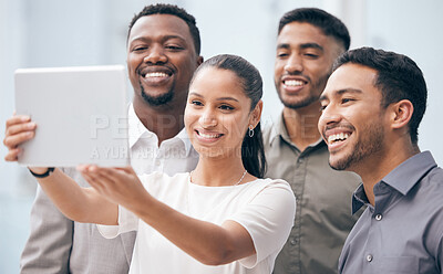 Buy stock photo Group, employees and smile for selfie, tablet and people in corporate, journalist and agency of media. Business, men and woman with memory, happy and together for support and job in public relations