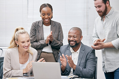 Buy stock photo Group, success and clapping with laptop for business meeting conference call and networking at office. Team, cheering and collaboration, diversity and achievement in happy, congratulations or support