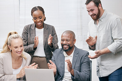 Buy stock photo Group, diversity and clapping with laptop for business meeting, conference call and networking in office. Team, cheering and celebrating, success and effort with happy, congratulations and support