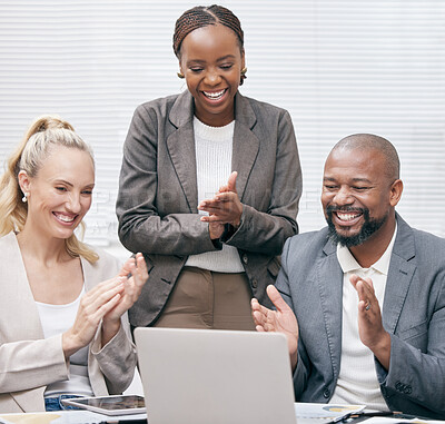 Buy stock photo Group, diversity and clapping with laptop for collaboration, conference call and networking in office. Team, cheering and celebrating, success and effort with happy, congratulations and support