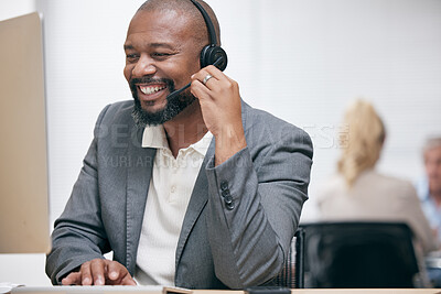 Buy stock photo Black man, headphone and computer at call center for client support, customer service and telemarketing. Male person, headset and smile in office for  business consulting, help desk and communication