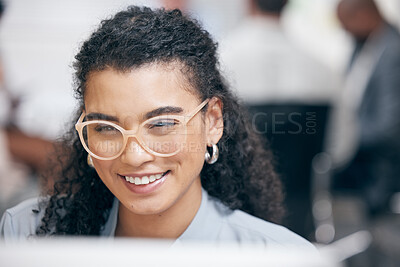 Buy stock photo Face, happy and business woman on computer reading email, research or network online in startup office. Closeup, glasses and professional consultant work on project, report or planning on internet