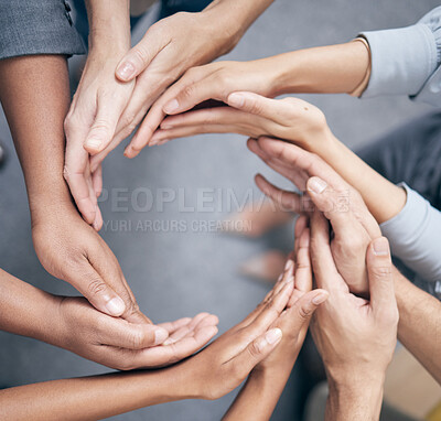 Buy stock photo Teamwork, hands and community of diverse people in circle for unity, corporate partnership and hope together. Collaboration, support and equality of employees meeting for vision, growth and goals 