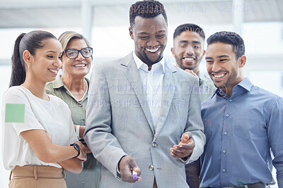 Buy stock photo Ideas, planning and business people with glass  for brainstorming, growth agenda or strategy in office. Workshop, happy men and women in development team for problem solving, thinking or moodboard.