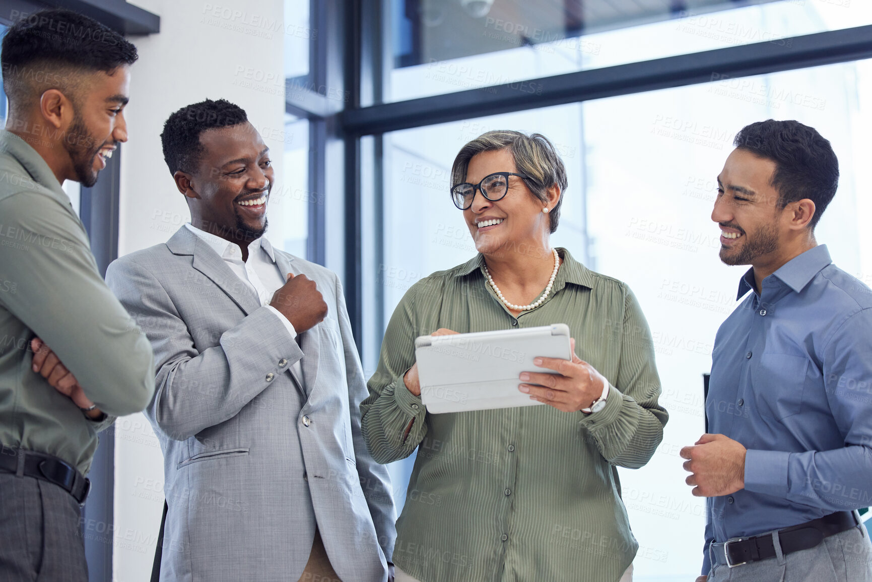 Buy stock photo Tablet, collaboration and funny with a business team meeting in the office for planning while laughing. Collaboration, humor and our vision with a female manager and staff at work for solidarity