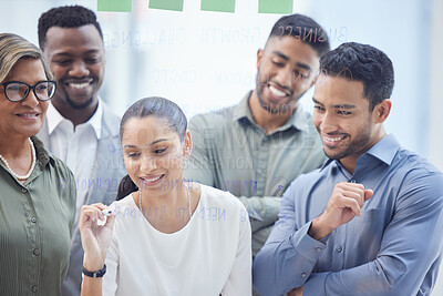 Buy stock photo Ideas, planning and business people with glass for teamwork, writing or strategy. Office workshop, happy men and women in development for brainstorming, employee engagement or thinking at moodboard