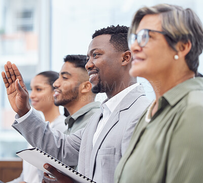 Buy stock photo Black man, group and question at seminar, presentation and team training workshop lecture. Meeting, audience and volunteer at business conference, vote and hand raised with crowd at convention event