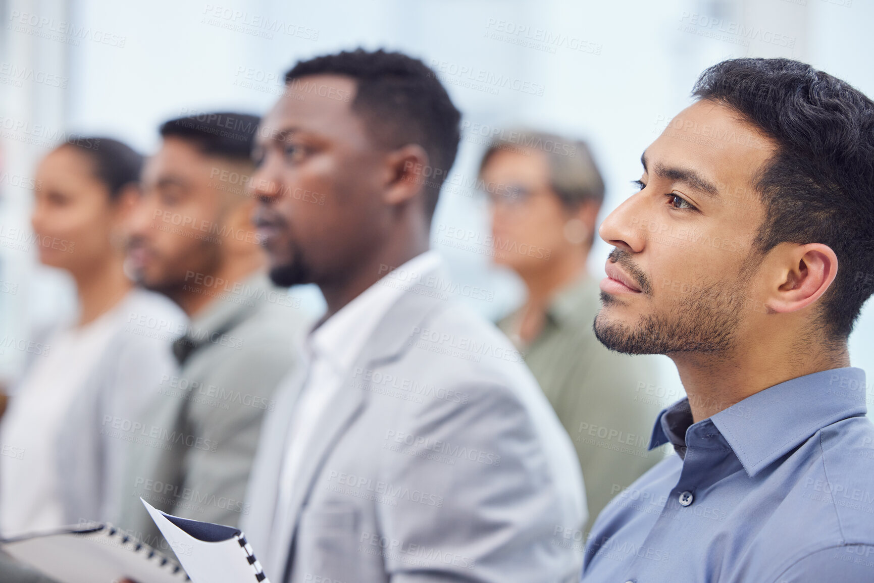 Buy stock photo Business man, audience and listening to seminar, presentation and salesman at team training workshop. Meeting, group and serious professional at conference with crowd at convention event for speech