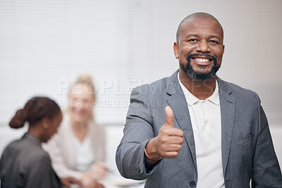 Buy stock photo Thumbs up, smile and portrait of businessman in office for achievement, confidence or pride. Happy, professional and African male manager with satisfaction hand gesture or emoji in workplace.