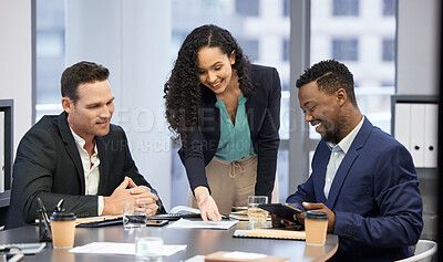 Buy stock photo Cropped shot of a group of white collar workers meeting in the boardroom