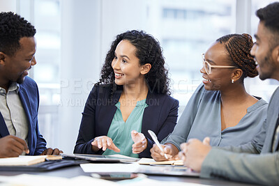 Buy stock photo Business people, meeting and boardroom paperwork with teamwork collaboration, creative agency or market research. Men, women and diversity in conference room or solution, project or brainstorming