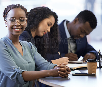 Buy stock photo Meeting, planning and portrait of business people in office writing notes for finance budget information. Discussion, corporate and team financial advisors work on project with documents in boardroom