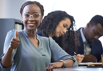 Buy stock photo Meeting, thumbs up and portrait of business people in office writing notes for finance budget information. Discussion, corporate and financial advisors working on project with documents in boardroom.