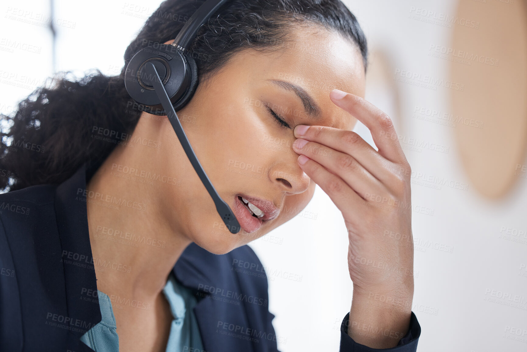 Buy stock photo Woman, stress and headphones in call center for customer service, consulting and communication. Female person, frustrated and headset at desk for telemarketing, sales support and client problem